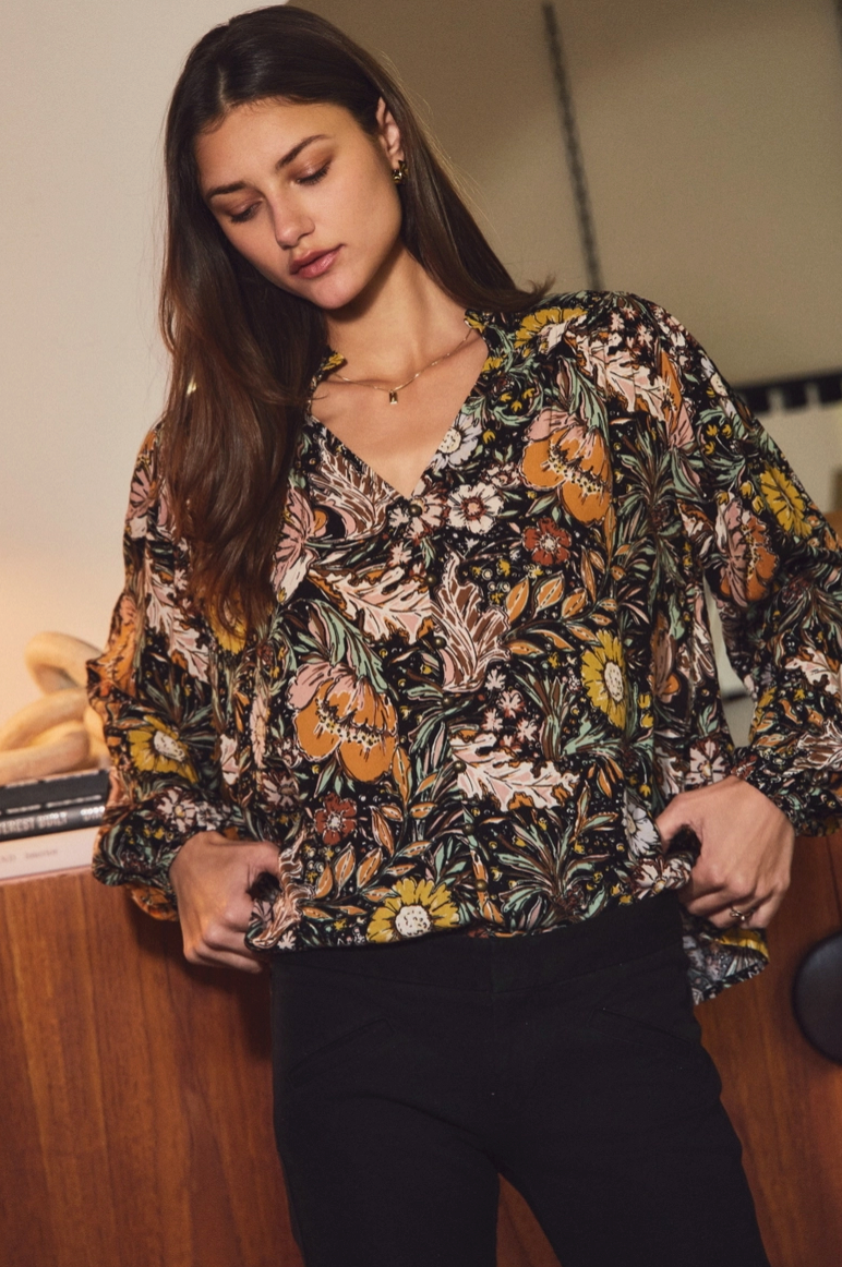 Black Floral Long Sleeve Blouse from Southern Sunday Boutique in Naples, FL