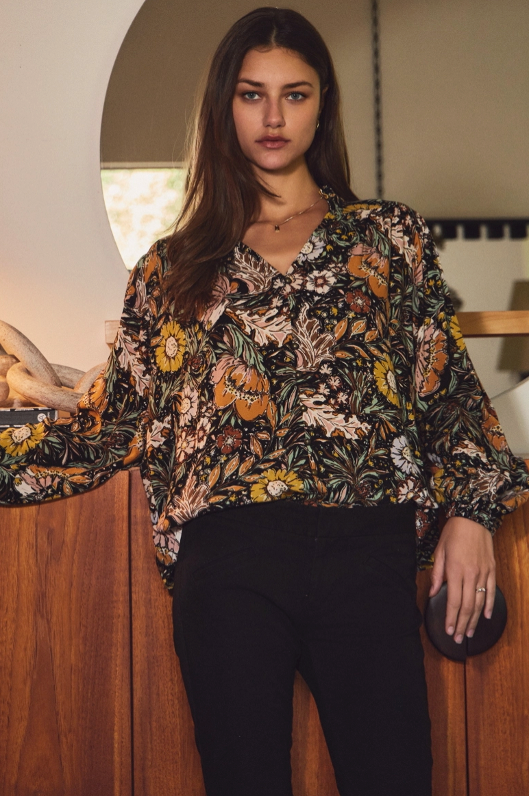 Black Floral Long Sleeve Blouse from Southern Sunday Boutique in Naples, FL