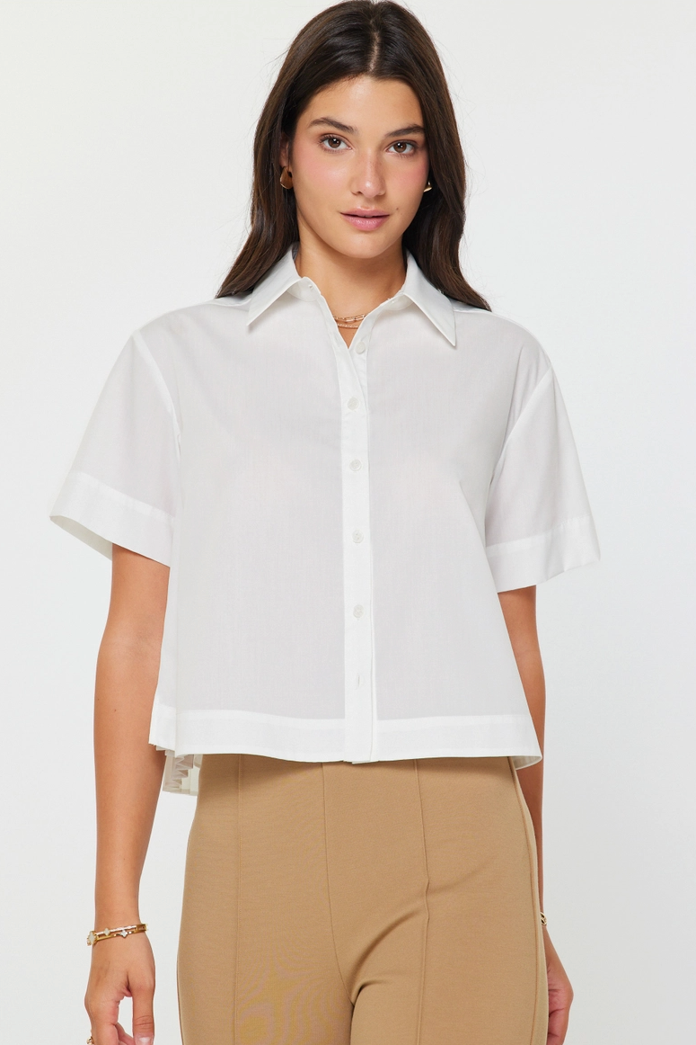 White Cropped Pleated Back Collared Blouse from Southern Sunday Boutique in Naples, Fl