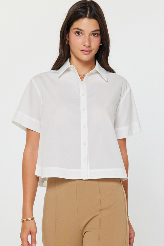 White Cropped Pleated Back Collared Blouse from Southern Sunday Boutique in Naples, Fl