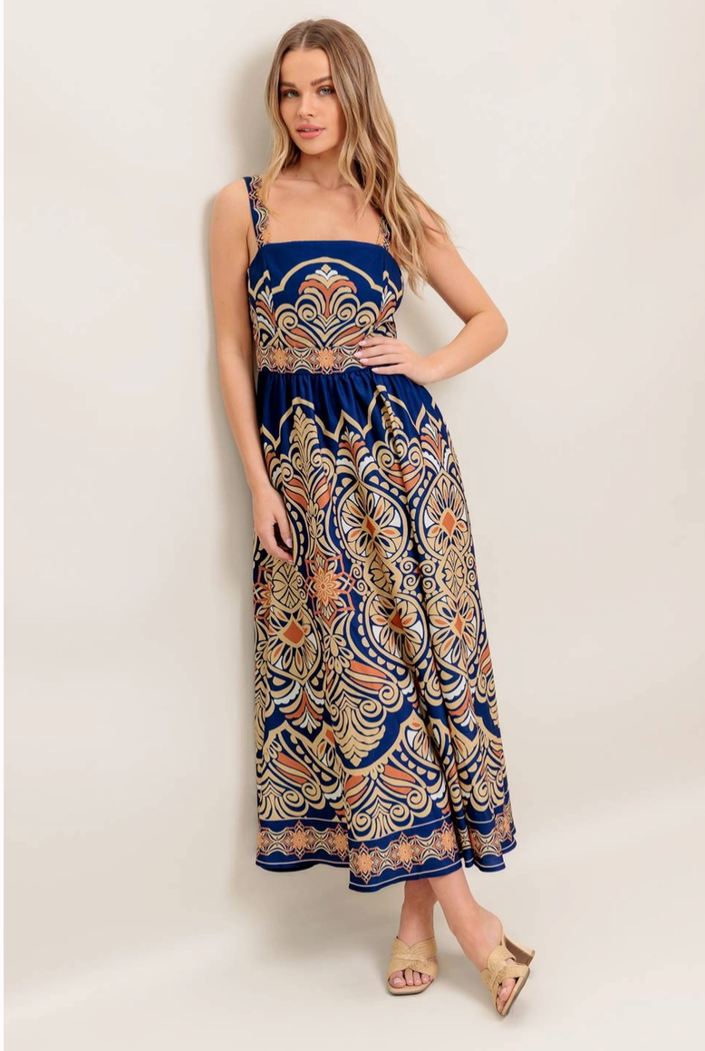 Navy Printed Midi Dress from Southern Sunday Boutique in Naples, FL