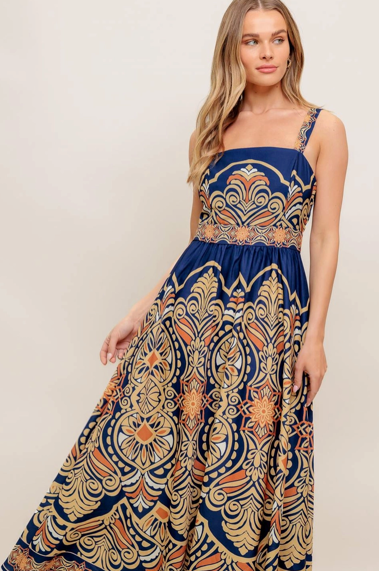 Navy Printed Midi Dress from Southern Sunday Boutique in Naples, FL