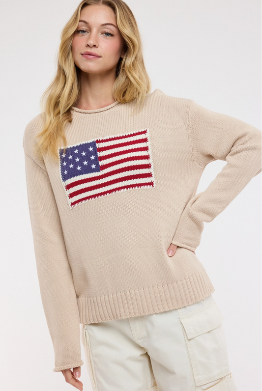Taupe American Flag Sweater from Southern Sunday Boutique in Naples, FL