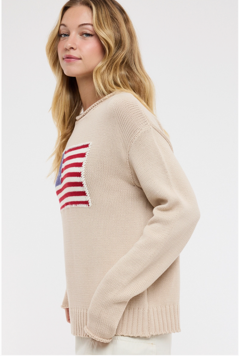 Taupe American Flag Sweater from Southern Sunday Boutique in Naples, FL