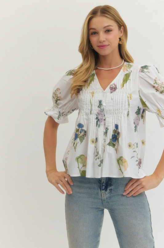 White Floral Pintuck Blouse from Southern Sunday Boutique in Naples, FL
