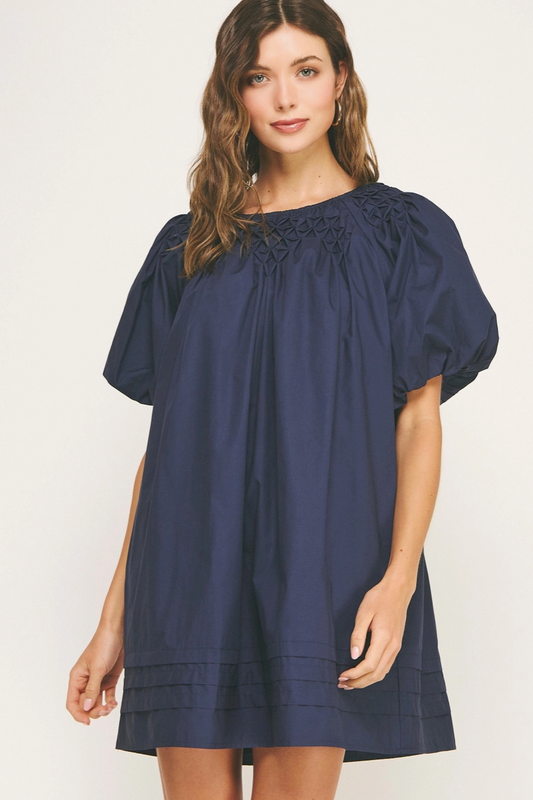 Navy Hand Smocked Poplin Mini Dress from Southern Sunday Boutique in Naples, FL