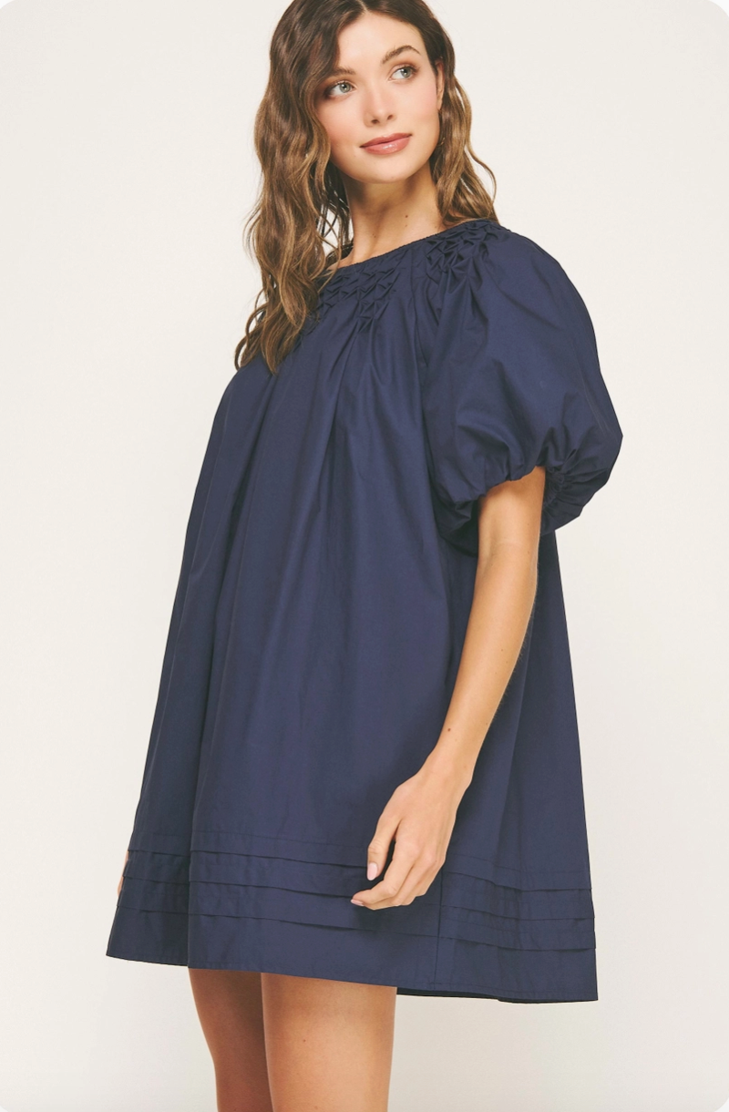 Navy Hand Smocked Poplin Mini Dress from Southern Sunday Boutique in Naples, FL