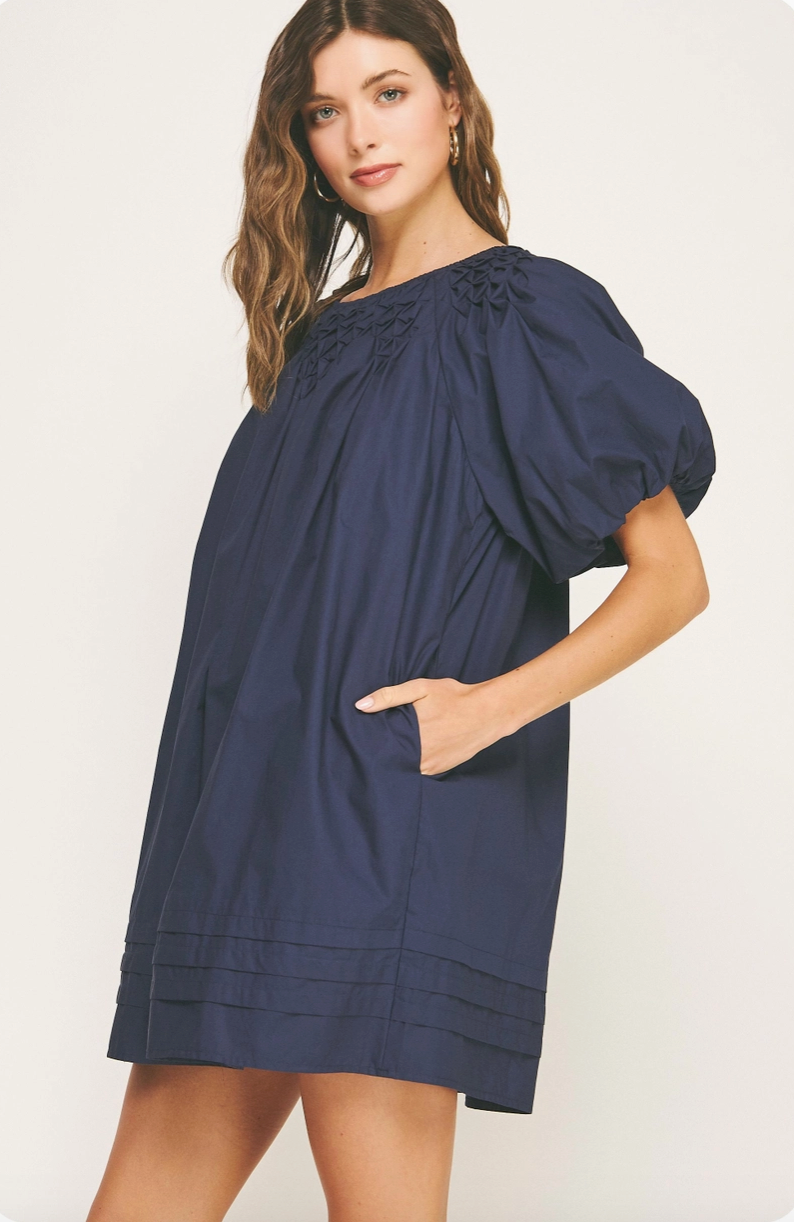 Navy Hand Smocked Poplin Mini Dress from Southern Sunday Boutique in Naples, FL