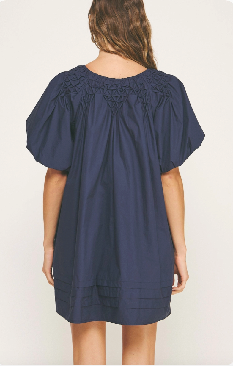 Navy Hand Smocked Poplin Mini Dress from Southern Sunday Boutique in Naples, FL