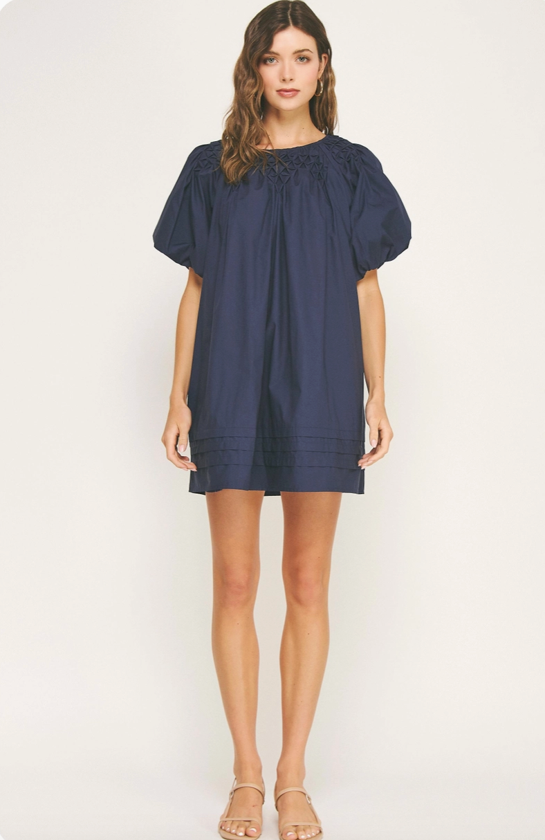 Navy Hand Smocked Poplin Mini Dress from Southern Sunday Boutique in Naples, FL