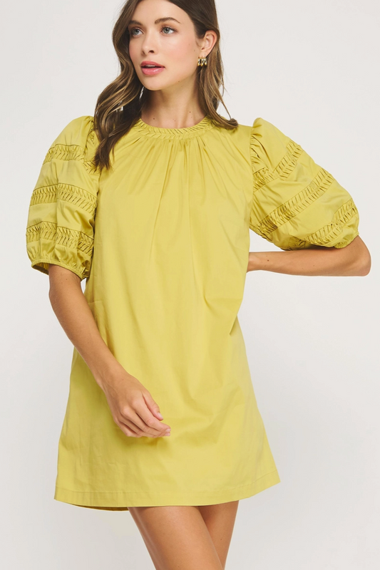 Chartreuse Pintuck Puff Sleeve Mini Dress from Southern Sunday Boutique in Naples, FL