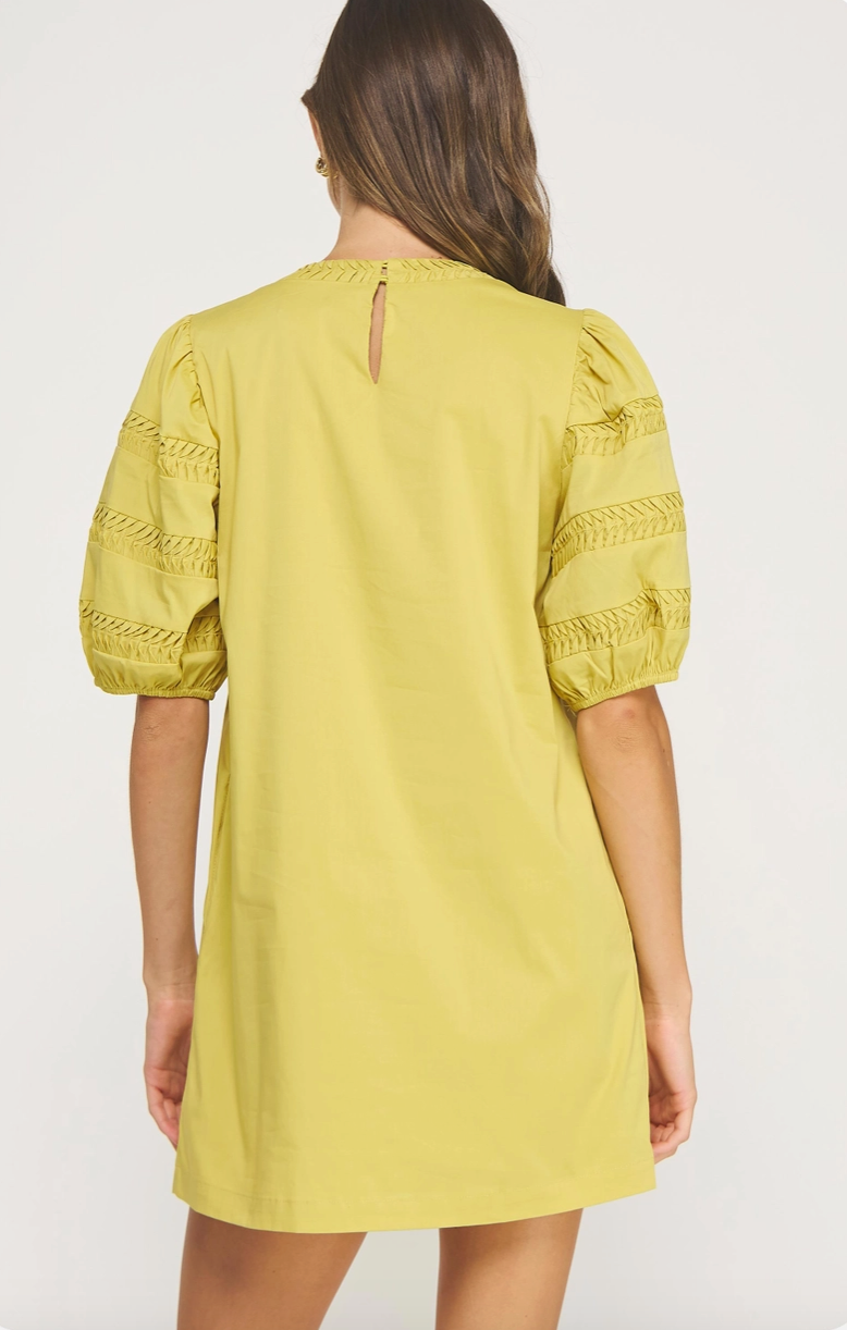 Chartreuse Pintuck Puff Sleeve Mini Dress from Southern Sunday Boutique in Naples, FL