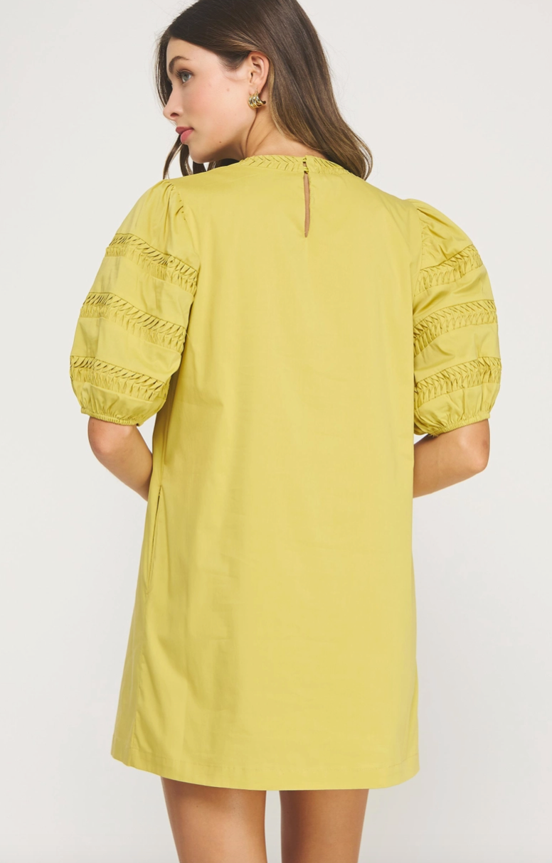 Chartreuse Pintuck Puff Sleeve Mini Dress from Southern Sunday Boutique in Naples, FL