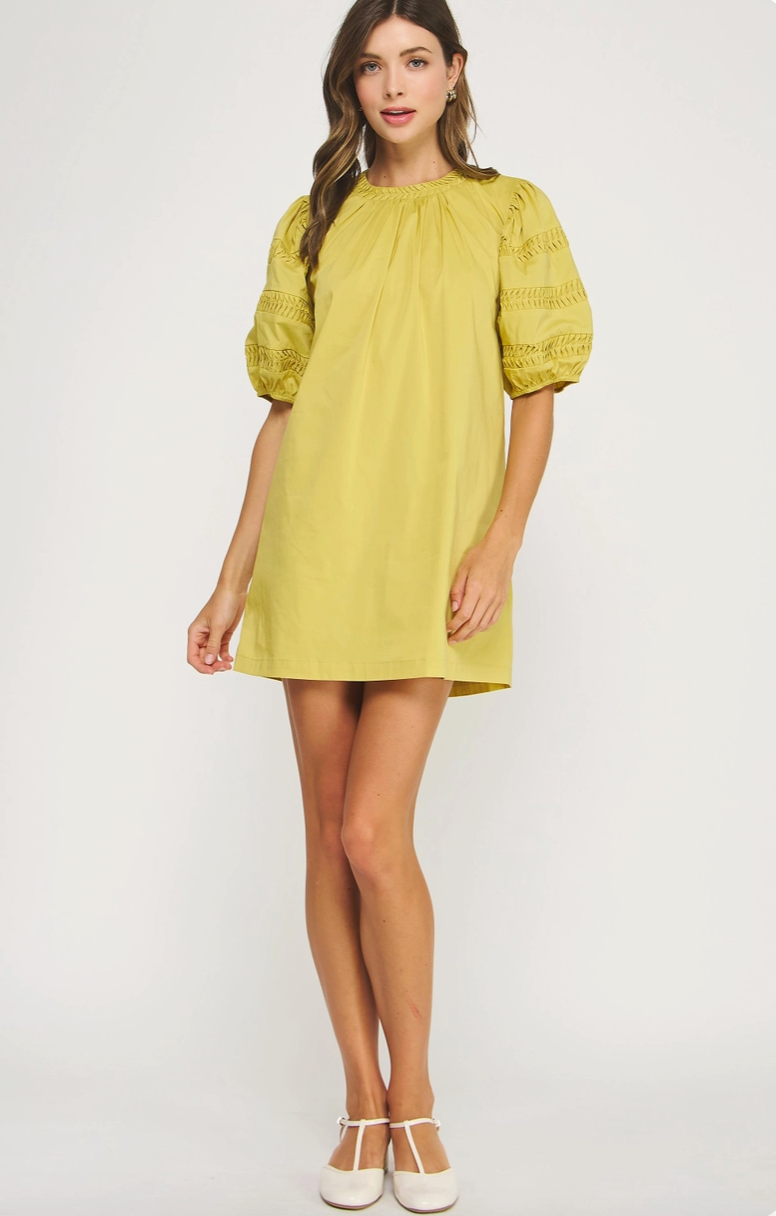 Chartreuse Pintuck Puff Sleeve Mini Dress from Southern Sunday Boutique in Naples, FL