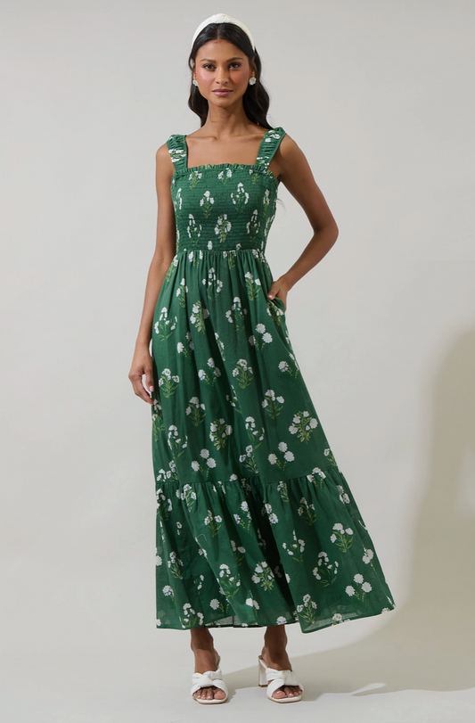 Hunter Green Floral Smocked Maxi Dress from Southern Sunday Boutique in Naples, FL