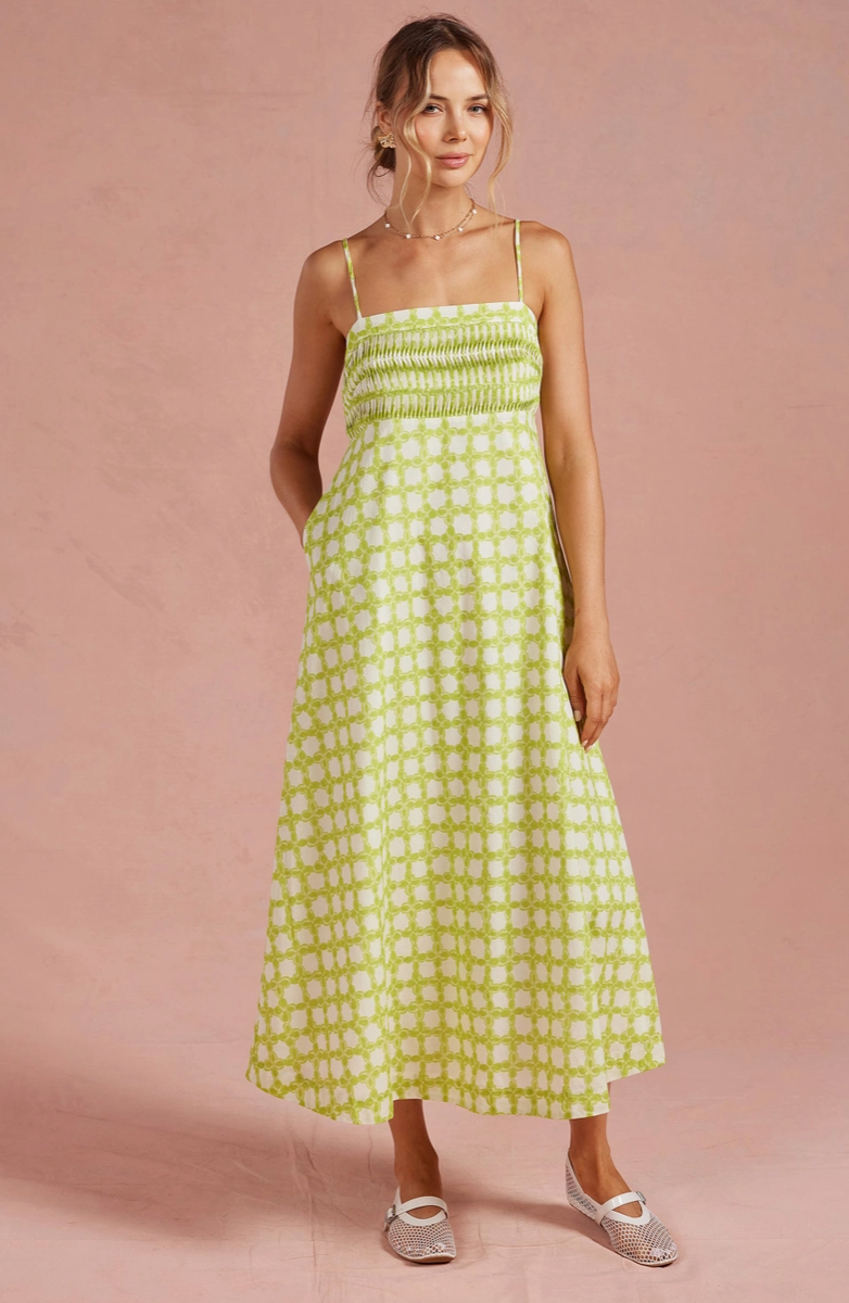 Chartreuse Chainlink Pintuck Midi Dress from Southern Sunday in Naples, FL