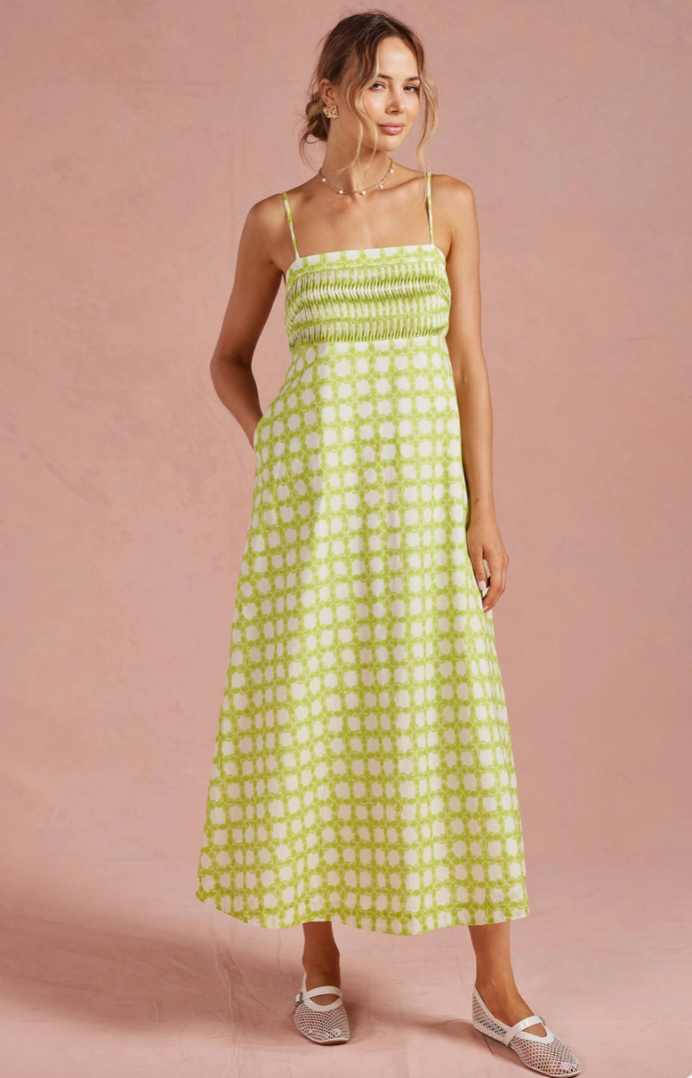 Chartreuse Chainlink Pintuck Midi Dress from Southern Sunday in Naples, FL