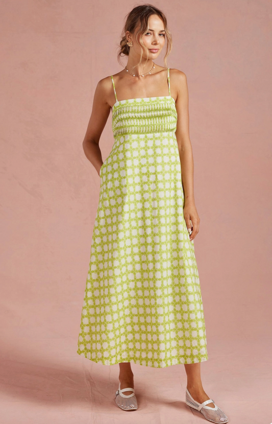 Chartreuse Chainlink Pintuck Midi Dress from Southern Sunday in Naples, FL