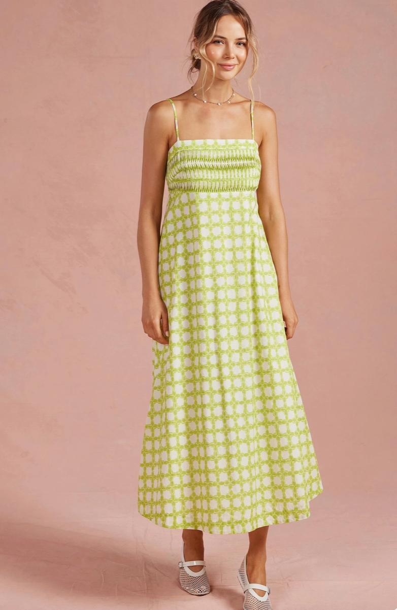 Chartreuse Chainlink Pintuck Midi Dress from Southern Sunday in Naples, FL