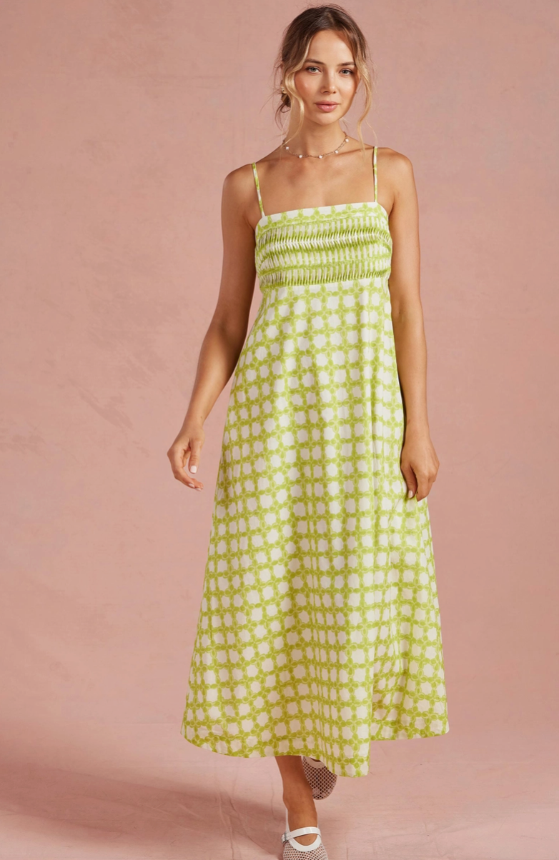 Chartreuse Chainlink Pintuck Midi Dress from Southern Sunday in Naples, FL