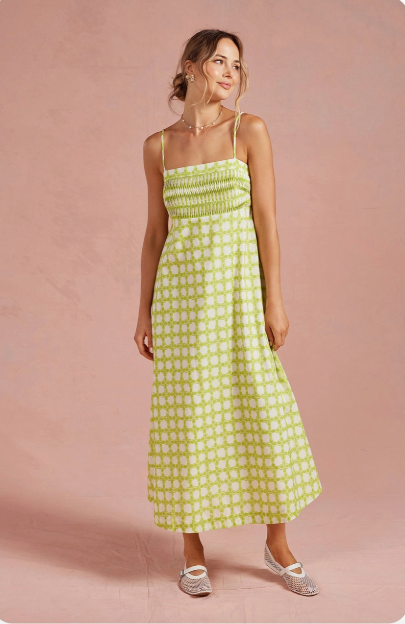 Chartreuse Chainlink Pintuck Midi Dress from Southern Sunday in Naples, FL