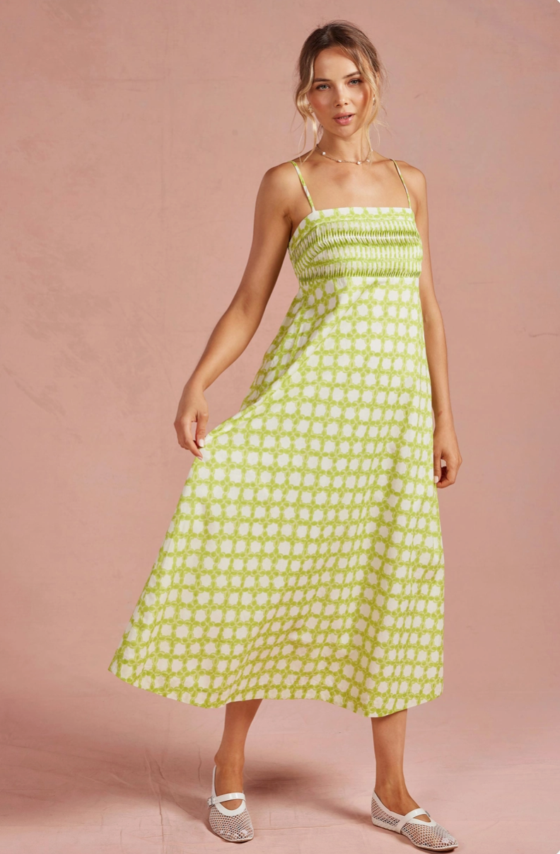 Chartreuse Chainlink Pintuck Midi Dress from Southern Sunday in Naples, FL
