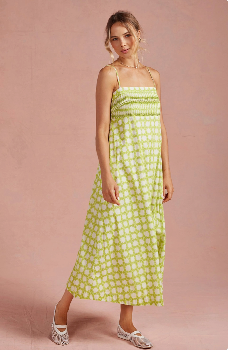 Chartreuse Chainlink Pintuck Midi Dress from Southern Sunday in Naples, FL