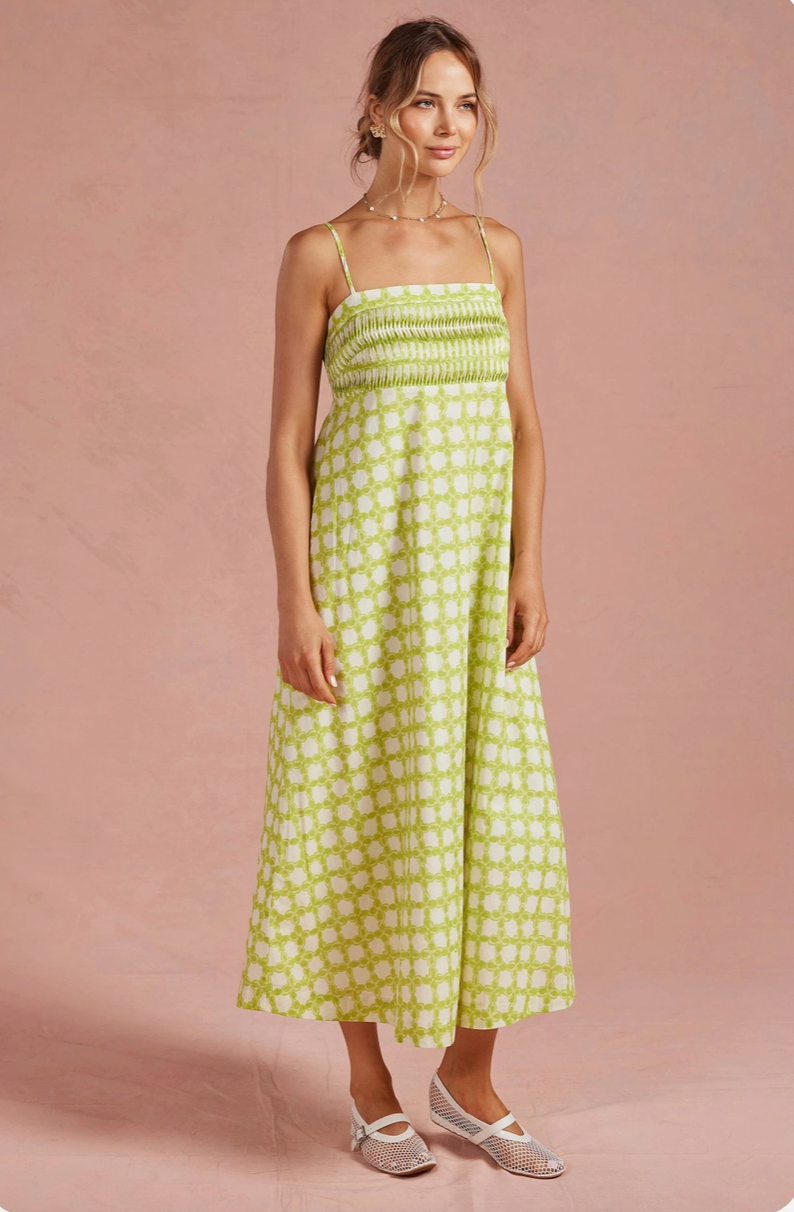 Chartreuse Chainlink Pintuck Midi Dress from Southern Sunday in Naples, FL