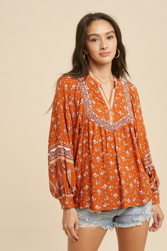 Rust Floral Peasant Blouse Tops available at Southern Sunday