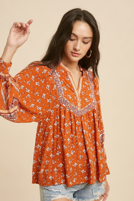Rust Floral Peasant Blouse Tops available at Southern Sunday