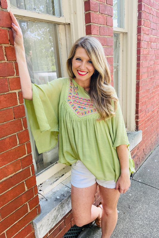 Green Embroidered Kimono Sleeve Blouse Tops available at Southern Sunday
