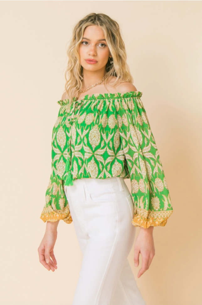 Green Floral Off The Shoulder Blouse Tops available at Southern Sunday