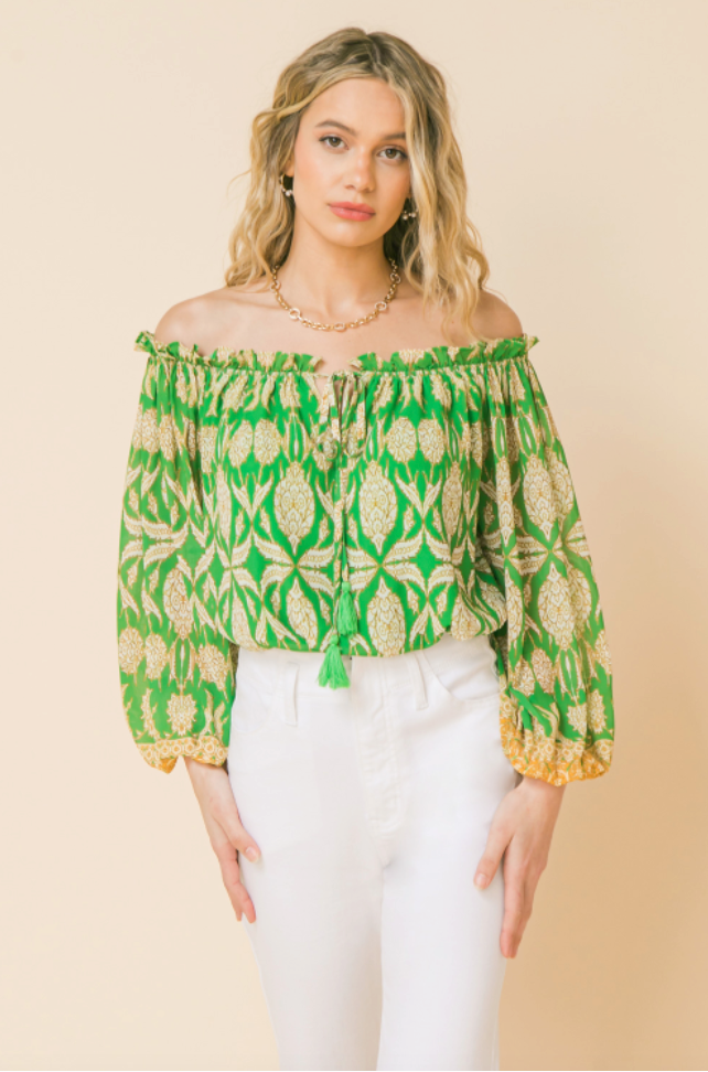 Green Floral Off The Shoulder Blouse Tops available at Southern Sunday