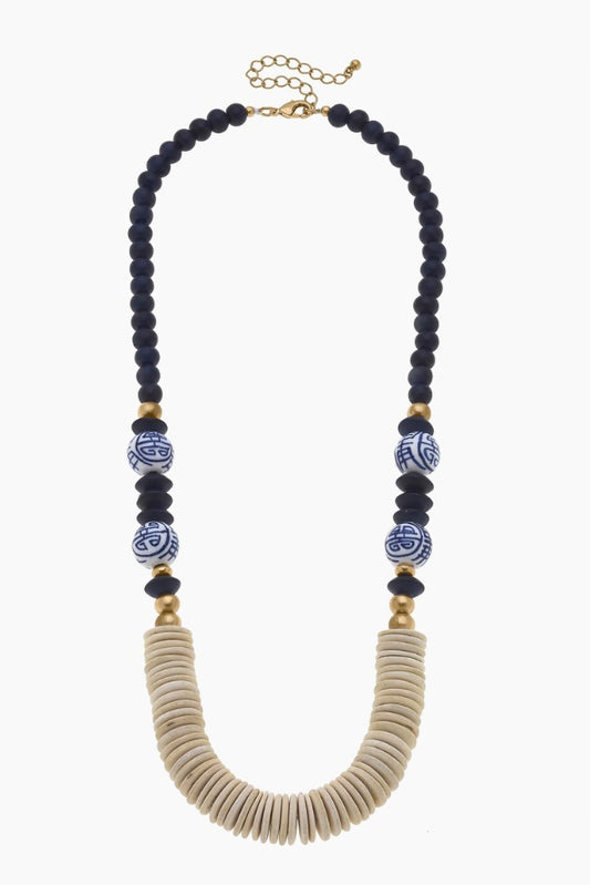 Navy & White Chinoiserie and Wood Bead Necklace Jewelry available at Southern Sunday