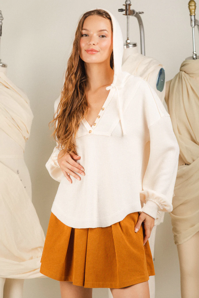 Cream Thermal Henley Hoodie Tops available at Southern Sunday