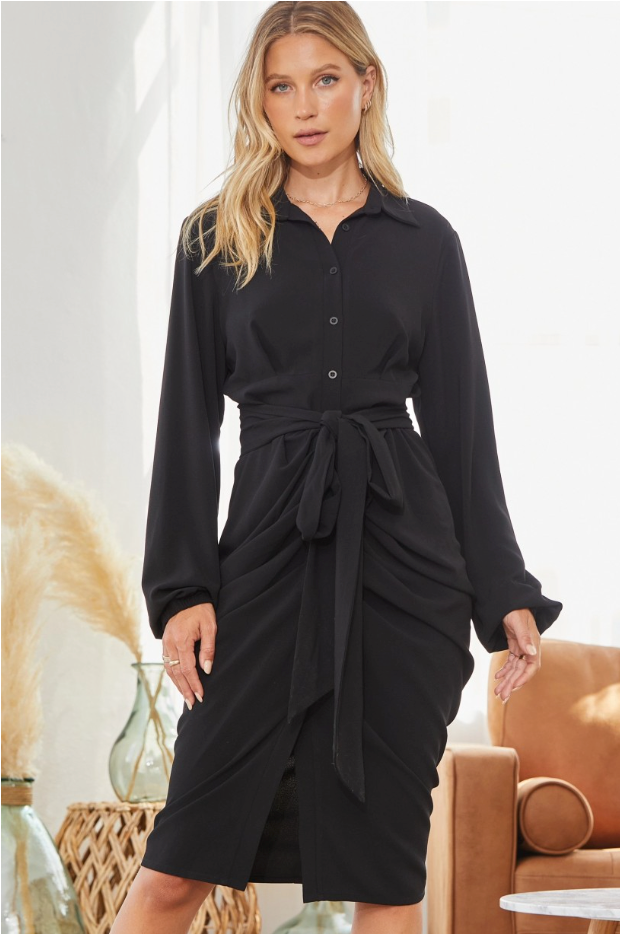 Black Ruched Midi Dress Dresses available at Southern Sunday